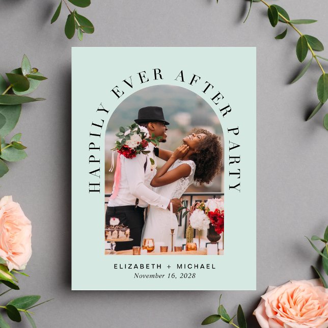 Elegantes Arch Foto Mint Wedding Reception einlade Ankündigungspostkarte (Von Creator hochgeladen)