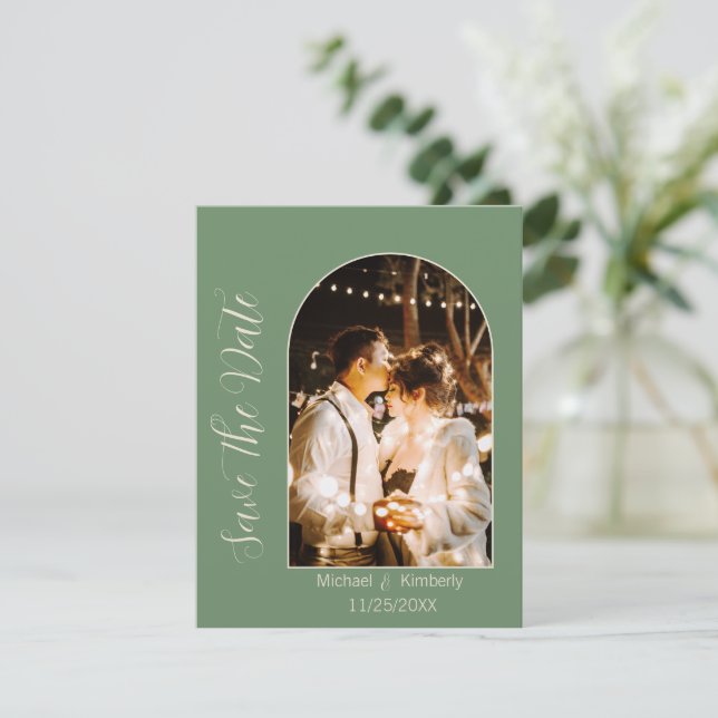Elegantes Arch-Foto mit Skript Save The Date (Stehend Vorderseite)