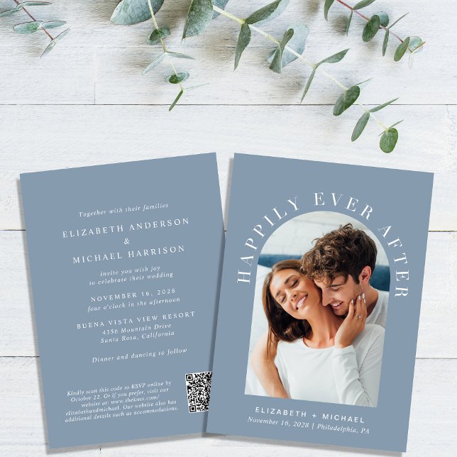 Elegantes Arch Foto QR Code Dusty Blue Wedding Einladung (Celebrate your love story with an invitation showcasing your favorite photo in an elegant arch frame)