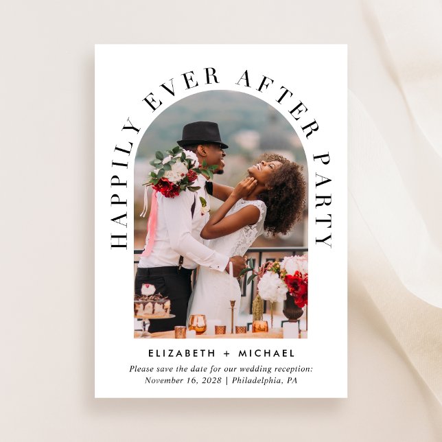 Elegantes Arch Foto QR Code Hochzeitempfang Save The Date (Celebrate your love story with a    reception save the date showcasing your photo in an arch frame)