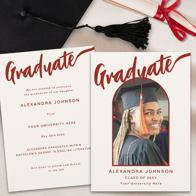 Elegantes Arch Graduate Foto Burnt Orange Script Ankündigung (Elegant graduate photo arch burnt orange calligraphy script graduation announcement card)