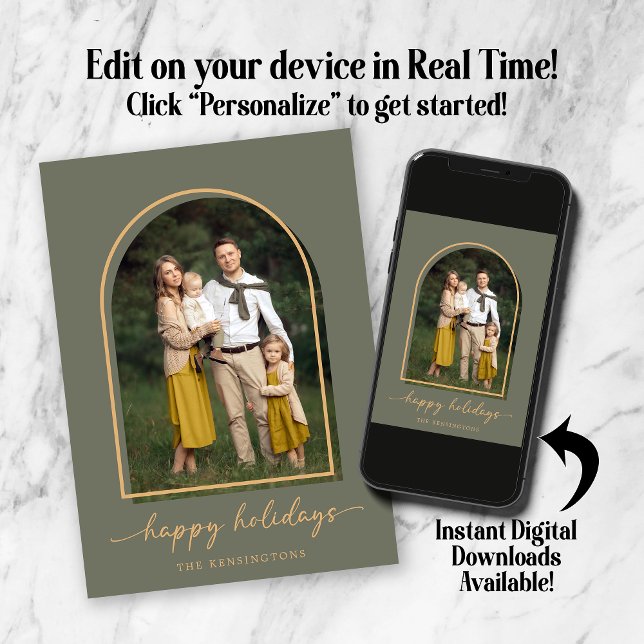 Elegantes Arch Green Gold Foto Feiertagskarte (Elegant Arch Green Gold Holiday Photo Card. Personalize in real time! Instant downloads available!)