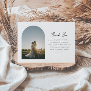 Elegantes Arch Minimal Script Foto Hochzeit Dankeskarte