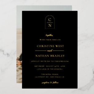 Elegantes Arch Monogram Foto Gold Folieneinladung