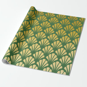 Elegantes Art Deco Fächer-Muster Smaragd & Faux Go Geschenkpapier