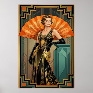 Elegantes Art Deco Gatsby-Frauenporträt Gold Poster