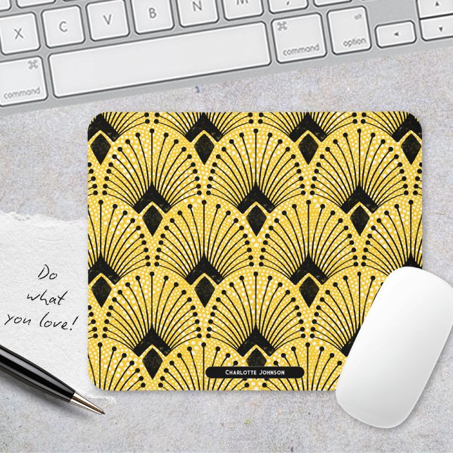 Elegantes Art Deco Gelbes, zeitloses Pfauenmuster Mousepad (Stylish Art Deco Yellow Peacock Pattern Mouse Pad ©Susanne Sachers - Sunny Mind 🌞)