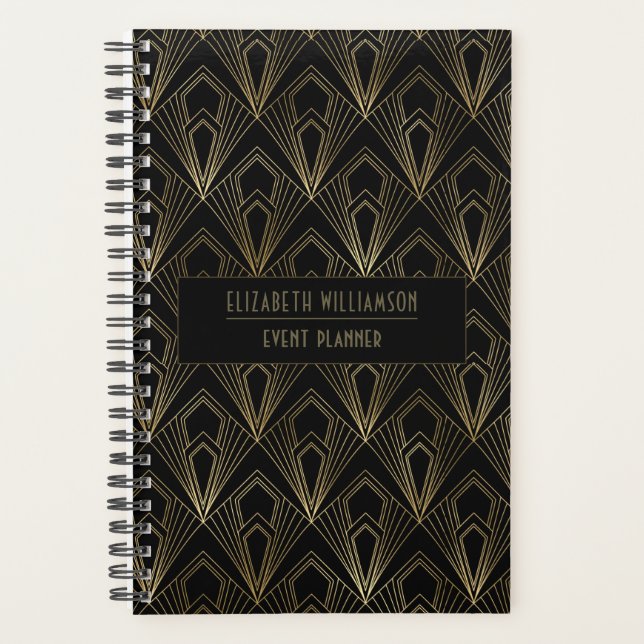 Elegantes Art Deco Geometrisches Muster| Schwarz u Planer (Vorderseite)