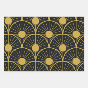 Elegantes Art Deco Gold Sonnenmuster auf Schwarz Geschenkpapier Set