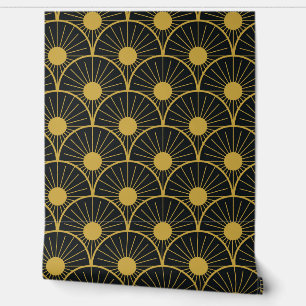 Elegantes Art Deco Gold Sonnenmuster auf Schwarz Tapete