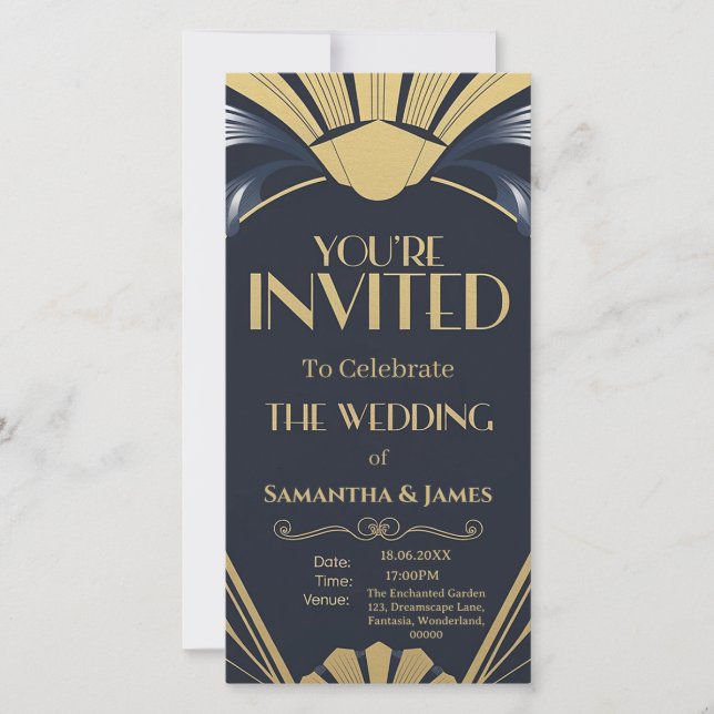 Elegantes Art Déco Hochzeitsdesign - Navy & Gold (Vorderseite)