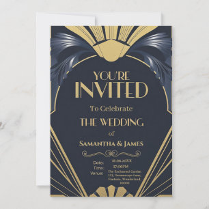 Elegantes Art Déco Hochzeitsdesign - Navy & Gold Einladung