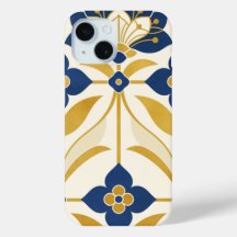 Elegantes Art Deco Marineblau- und Gold-Blumenmust