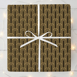 Elegantes Art Deco Muster Bögen Schwarz Gold Chic Geschenkpapier