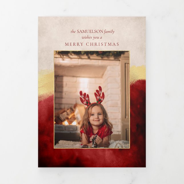 Elegantes Artisan Red w/Gold Brush Stroke Foto Dreifach Gefaltete Karte (Cover)