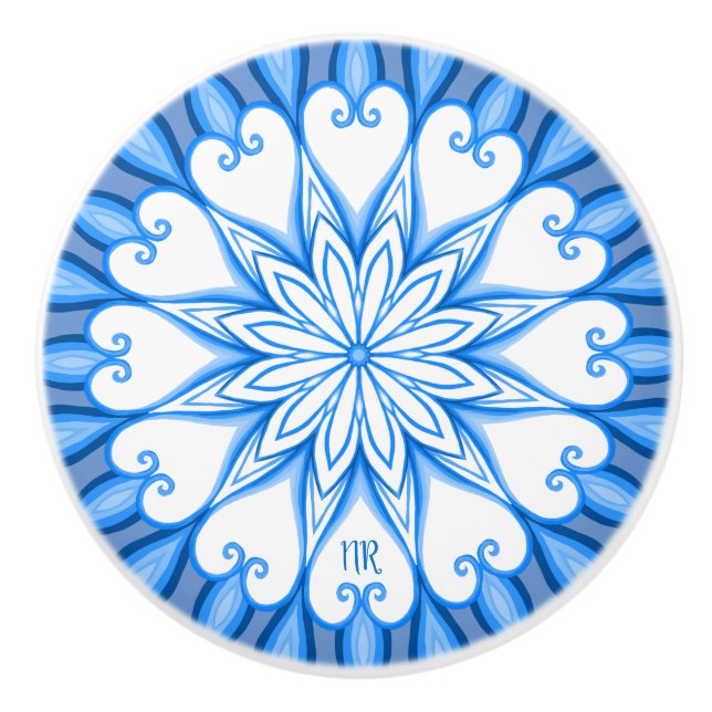 Elegantes ästhetisches White & Blue Mandala Mit Mo Keramikknauf (Vorderseite)