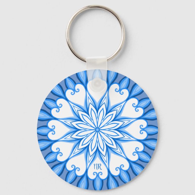 Elegantes ästhetisches White & Blue Mandala Mit Mo Schlüsselanhänger (Vorderseite)