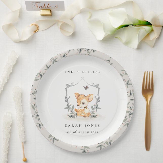 Elegantes Baby Deer Blumengebirge Wappen jeden Geb Pappteller (Hochzeit)