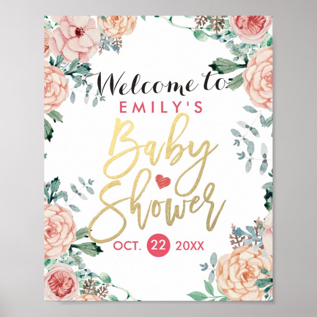 Elegantes Baby-Duschbad Aquarell Begrüßungszeichen Poster (Vorne)