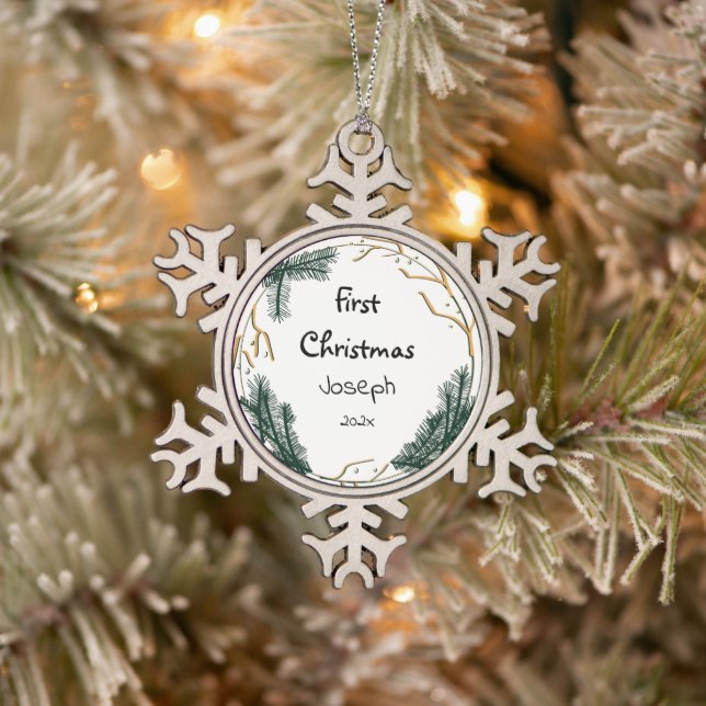 Elegantes Baby First Weihnachten Schneeflocken Zinn-Ornament (Baum)