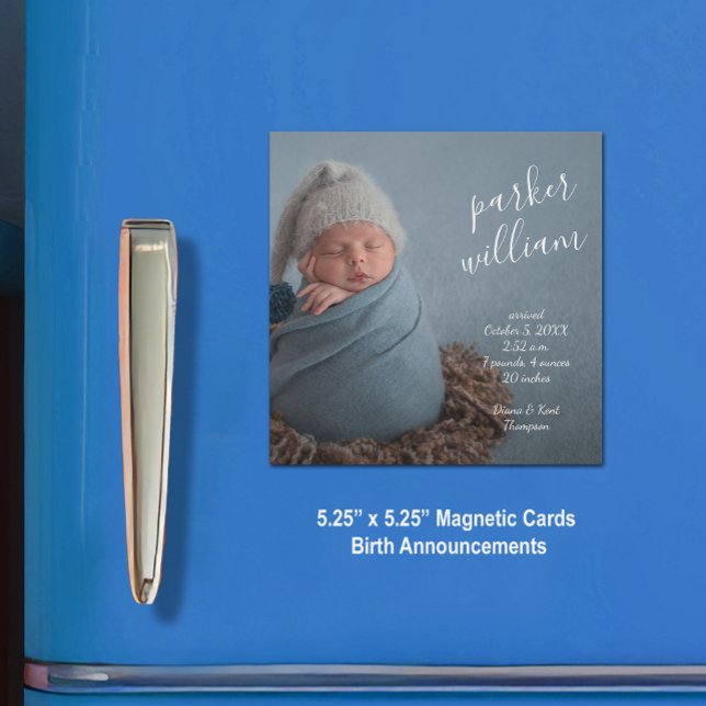 Elegantes Baby Foto Magnetic Birth Ankündigung (5.25" x 5.25" square magnetic cards with a high-gloss finish)