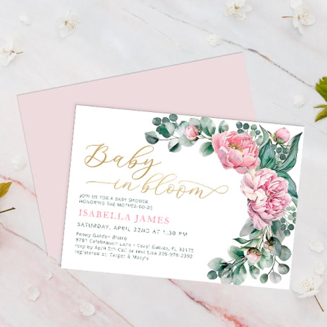 Elegantes Baby in Bloom Pink Gold Girl Babydusche Einladung (Baby In Bloom - Invite)