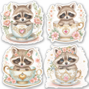 Elegantes Baby Raccoon in Teacup - Blumendesign Aufkleber