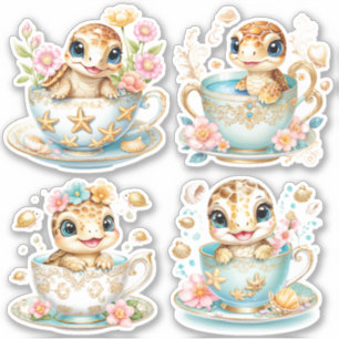 Elegantes Baby Turtle in Teacup - Blumendesign Aufkleber