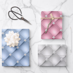 Elegantes Babyblau, Rosa und Weiß Diamant-Tufting Geschenkpapier Set