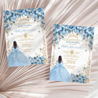 Elegantes Babyblaues Gold-Quinceañera-Prinzessinne Einladung