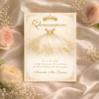 Elegantes Ballkleid | Ivory & Gold Quinceanera Einladung