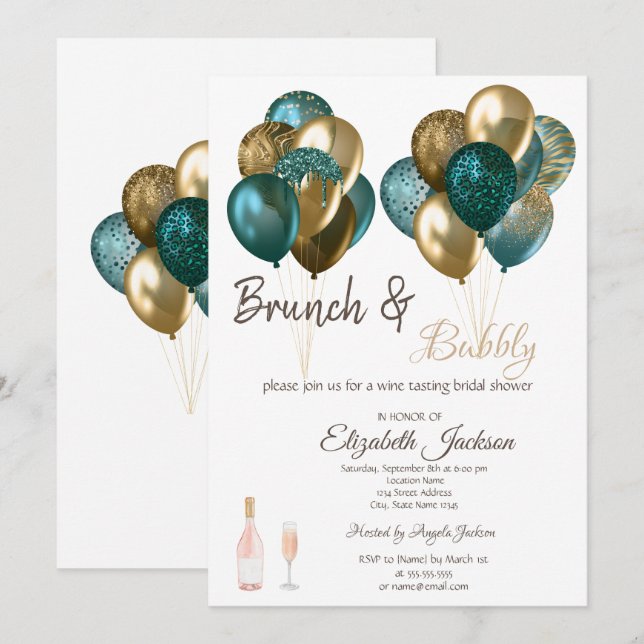 Elegantes Balloons Brunch & Bubbly Brautparty Einladung (Vorne/Hinten)