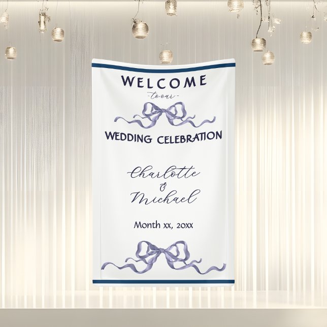 Elegantes Band & Schleife Romantisches Hochzeitsna Banner (Elegant Navy Ribbon Romantic Wedding Banner)