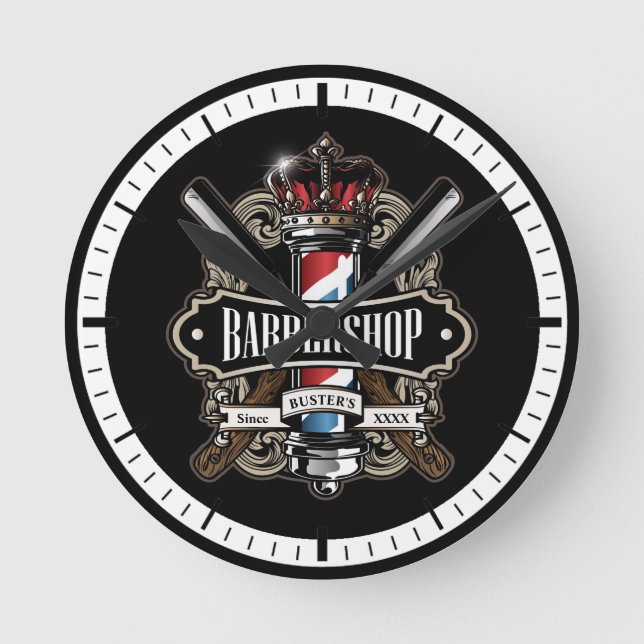 Elegantes Barberloch und Kronlogo personalisieren Runde Wanduhr (Vorderseite)