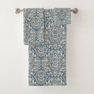 Elegantes Barock Blue Damask Brocade auf Weiß Badhandtuch Set