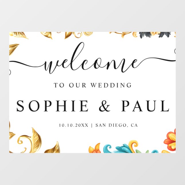 Elegantes Barock Gold Aquamarine Hochzeit Begrüßun Fensteraufkleber (Blatt)