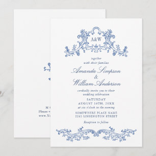 Elegantes Barock Staubblau Klassisches Hochzeit Einladung
