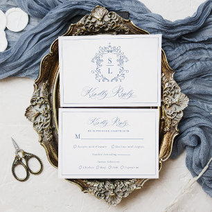 Elegantes Barock Wappen Monogram Blue Wedding RSVP Karte
