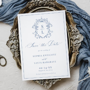 Elegantes barockes Wappen-Monogramm Blau Hochzeit Save The Date