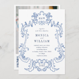Elegantes Baroque Blue Verziert Frame Wedding Foto Einladung