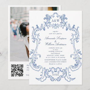 Elegantes Baroque Blue Verziert Frame Wedding Foto Einladung
