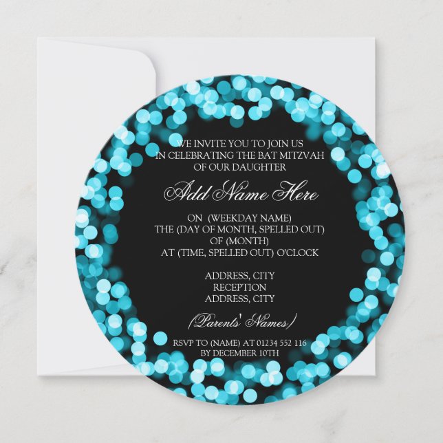 Elegantes Bat Mitzvah Funkelnd Lichter Einladung (Vorderseite)