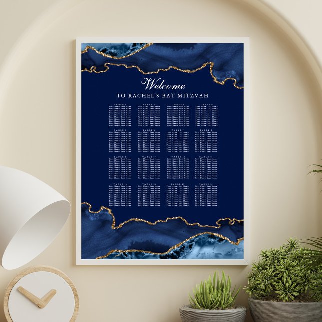 Elegantes Bat Mitzvah Party Blue Gold Seating Char Poster (Von Creator hochgeladen)