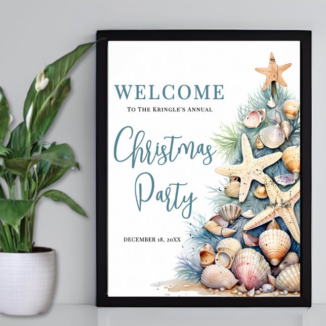 Elegantes Beach Christmas Party Begrüßungszeichen Poster (Elegant Beach Christmas Party Welcome Sign )