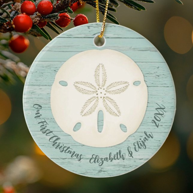 Elegantes Beach Sand Dollar Foto Weihnachten Keramik Ornament (An elegant sand dollar tropical beach 1st Christmas ornament. Add photo to the back.)