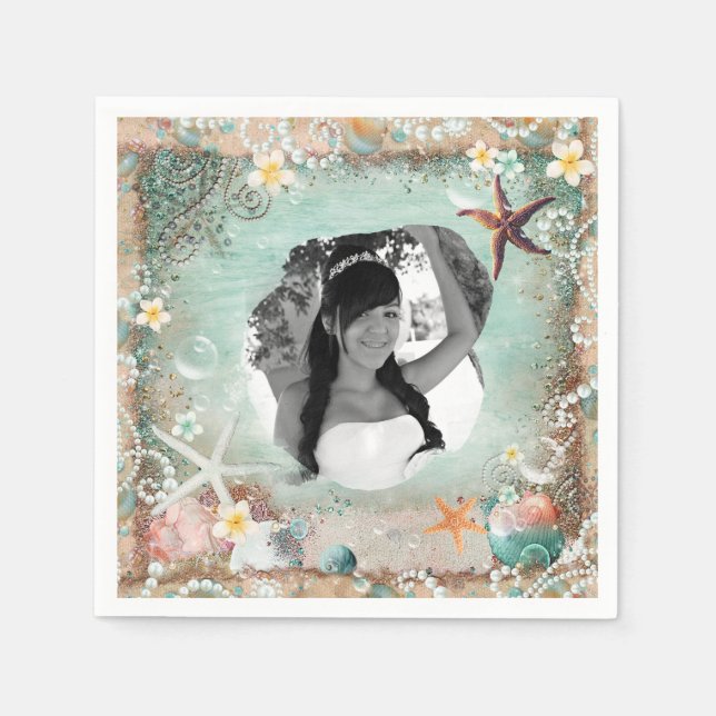 Elegantes Beach Sea Starfish & Pearls Party Foto Serviette (Vorderseite)