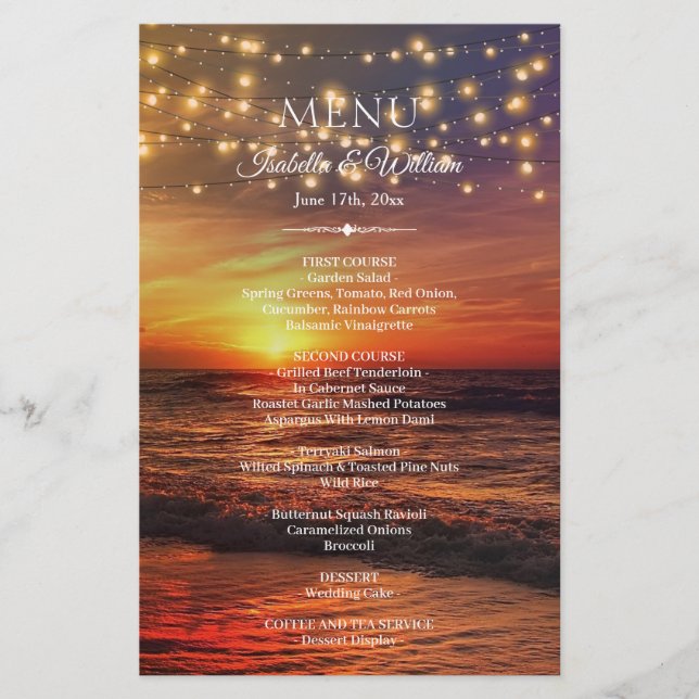 Elegantes Beach String Lights Summer Wedding Menu (Vorderseite)