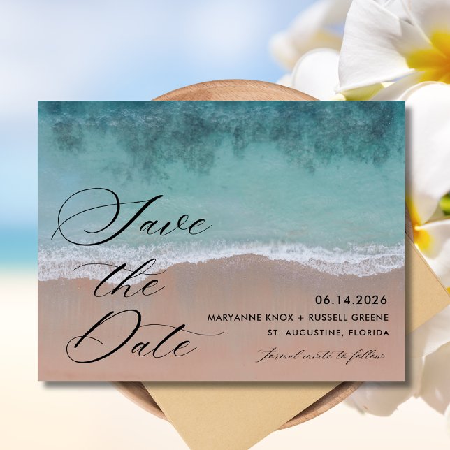 Elegantes Beach Wedding Foto Save the Date Ankündigungspostkarte (Elegant Beach Wedding Photo Save the Date Postcard)