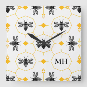 Elegantes Bee Pattern Black Monogram Yellow Modern Quadratische Wanduhr