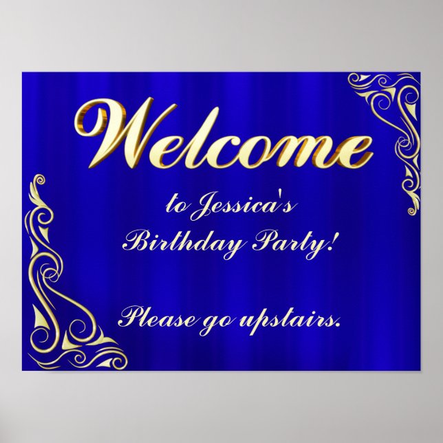 Elegantes Begrüßungszeichen Gold und Blue Birthday Poster (Vorne)